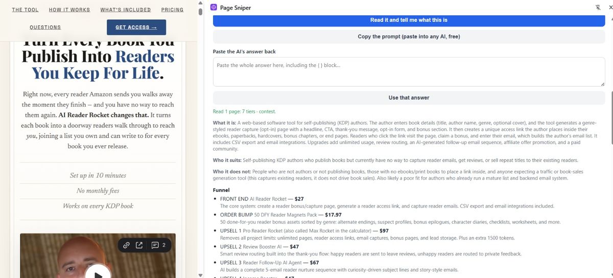 Page Sniper reading a vendor affiliate page and breaking the funnel down tier by tier