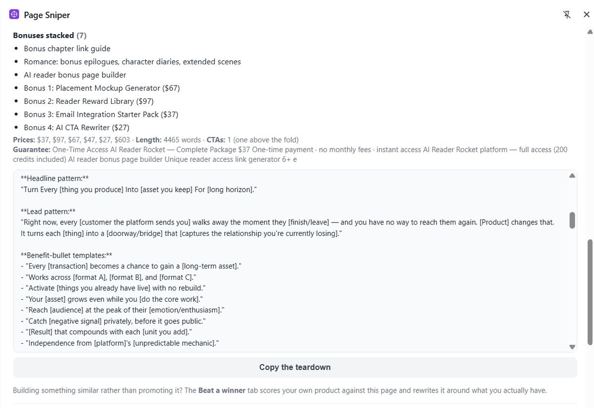 Their bonus stack and prices, plus extracted headline and lead patterns