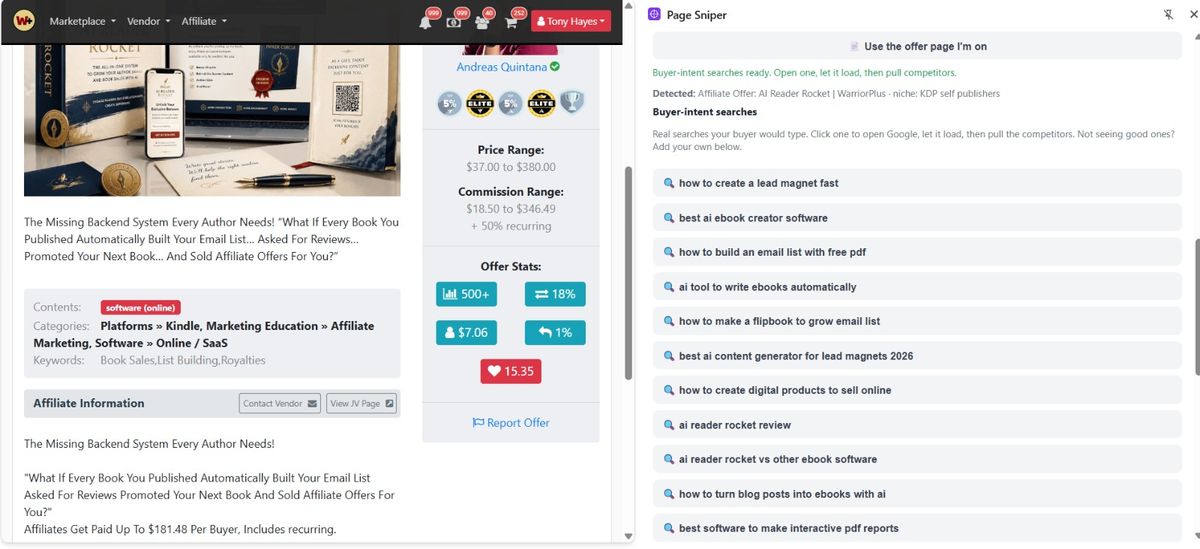 WarriorPlus offer stats read off the page beside buyer-intent searches