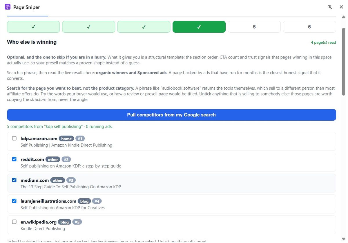 Competitor list pulled from a Google search with ad-backed pages ticked