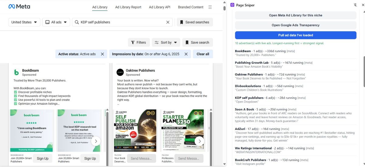 Meta Ad Library results showing advertisers and how long each ad has run