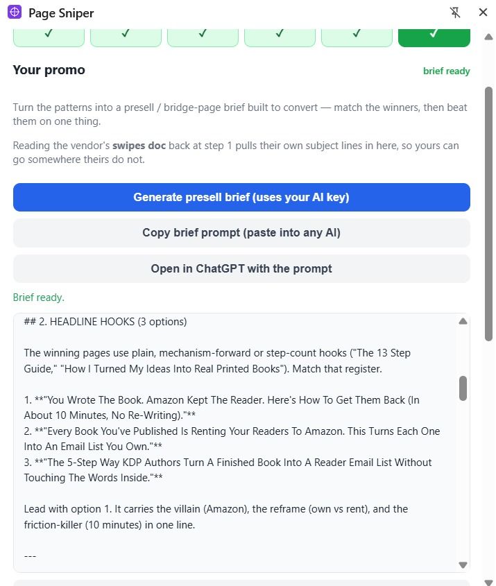 The generated brief showing three headline hook options