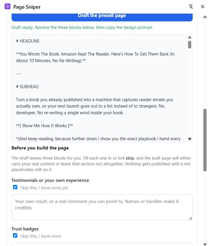The full page draft, which leaves three blocks for the affiliate to fill in