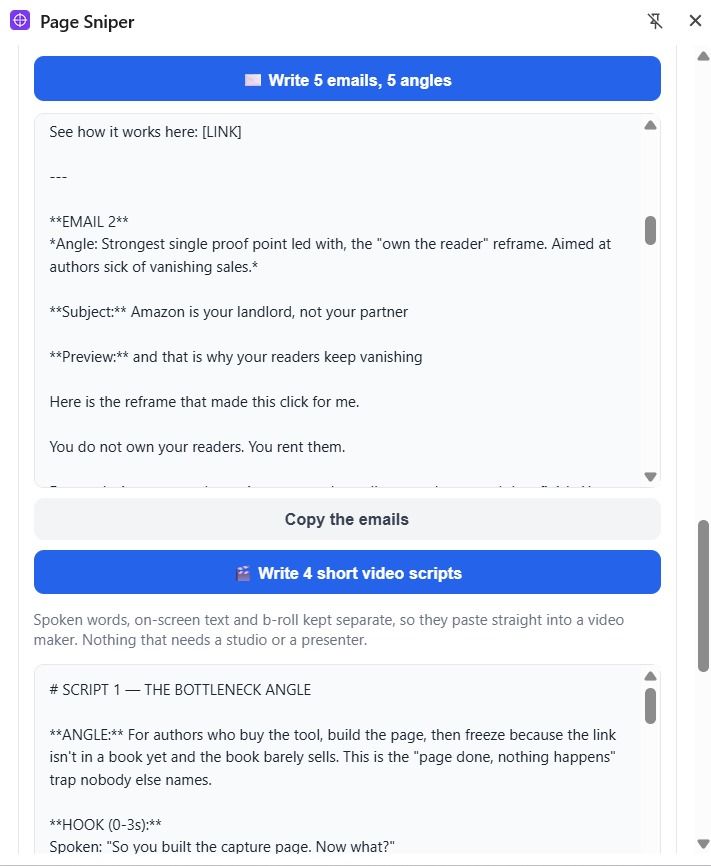 Five emails with subject and preview lines, and four short video scripts