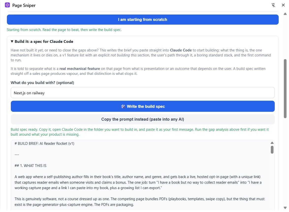 The build spec panel with a generated build brief for a new product