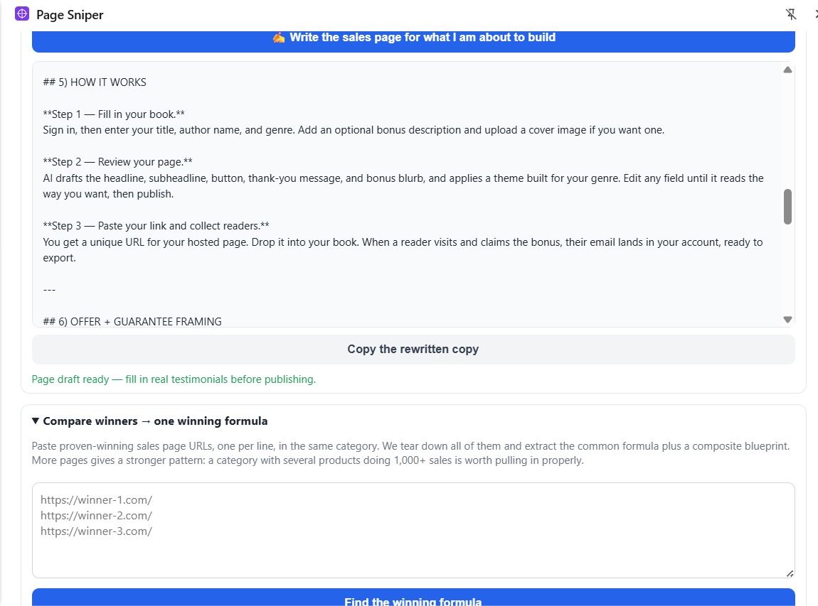 The rewritten sales page copy, with the compare-winners panel below it