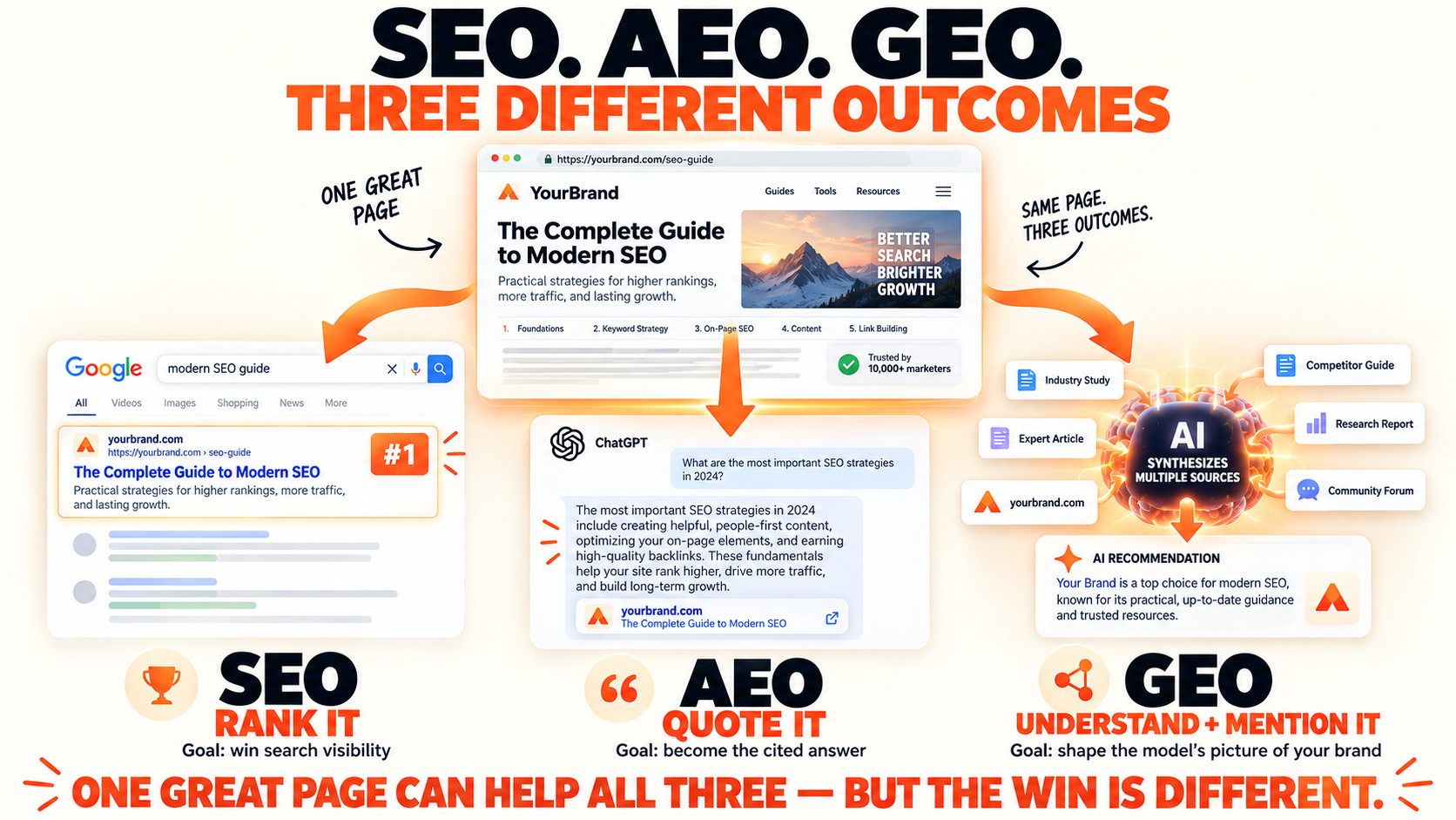 SEO, AEO, GEO Three Outcomes