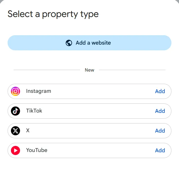 Google Search Console, Select a property type: Add a website, then new options for Instagram, TikTok, X and YouTube