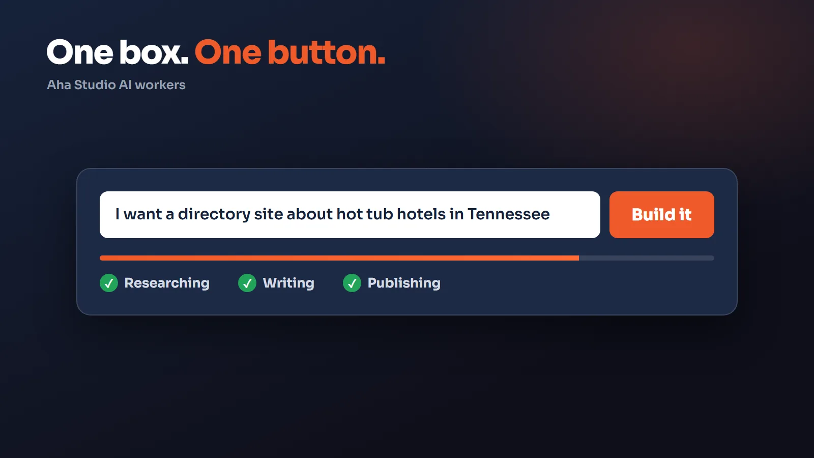 The Aha Studio box with "I want a directory site about hot tub hotels in Tennessee" typed in and a Build it button.