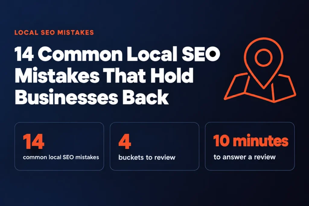 14 Common Local SEO Mistakes That Hold Businesses Back: 14 common local SEO mistakes, 4 buckets to review, 10 minutes to answer a review