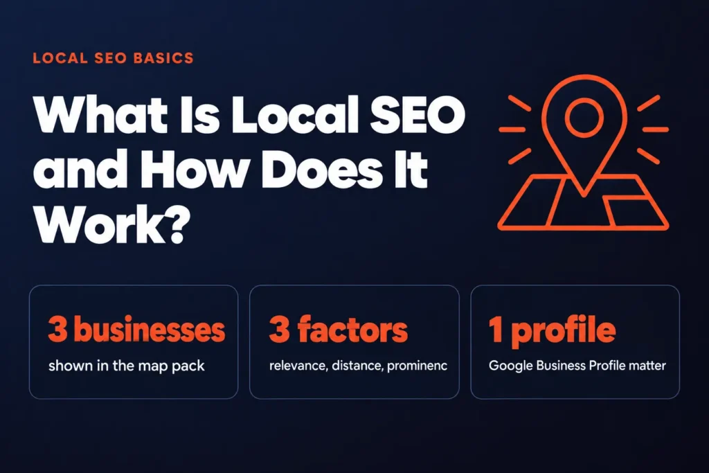 What Is Local SEO and How Does It Work?: 3 businesses shown in the map pack, 3 factors relevance, distance, prominenc, 1 profile Google Business Profile matter