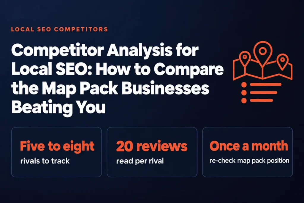 Competitor Analysis for Local SEO: How to Compare the Map Pack Businesses Beating You: Five to eight rivals to track, 20 reviews read per rival, Once a month re-check map pack position
