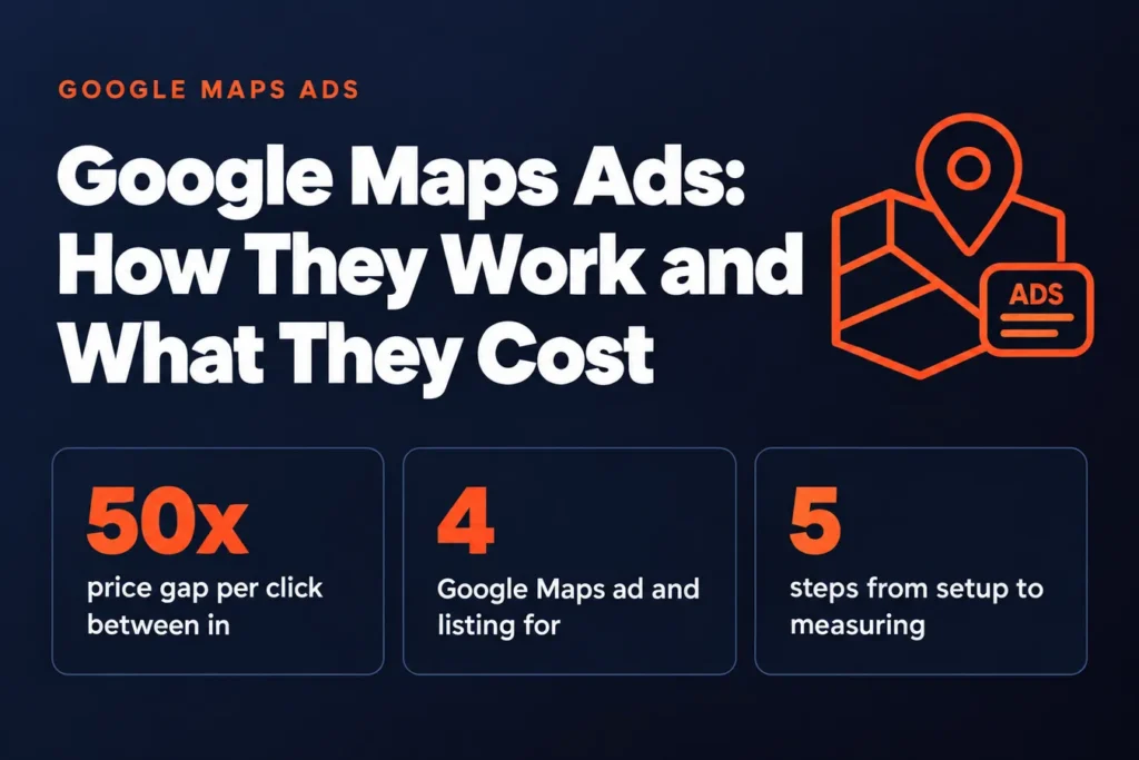 Google Maps Ads: How They Work and What They Cost: 50x price gap per click between in, 4 Google Maps ad and listing for, 5 steps from setup to measuring