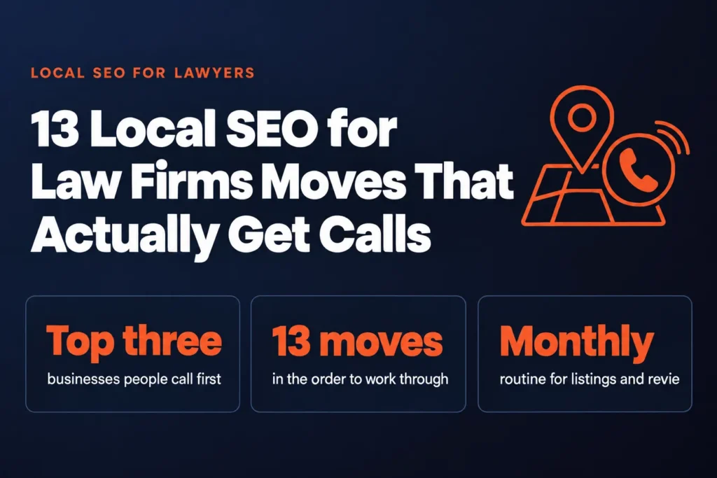 13 Local SEO for Law Firms Moves That Actually Get Calls: Top three businesses people call first, 13 moves in the order to work through, Monthly routine for listings and revie