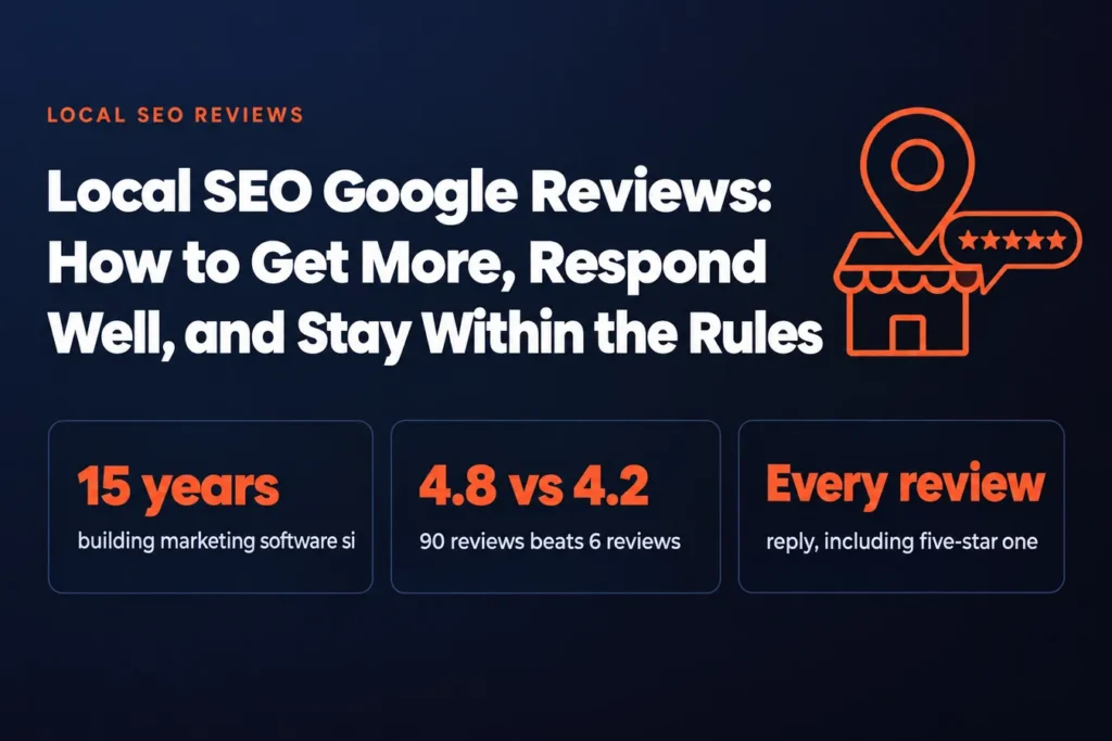 Local SEO Google Reviews: How to Get More, Respond Well, and Stay Within the Rules: 15 years building marketing software si, 4.8 vs 4.2 90 reviews beats 6 reviews, Every review reply, including five-star one