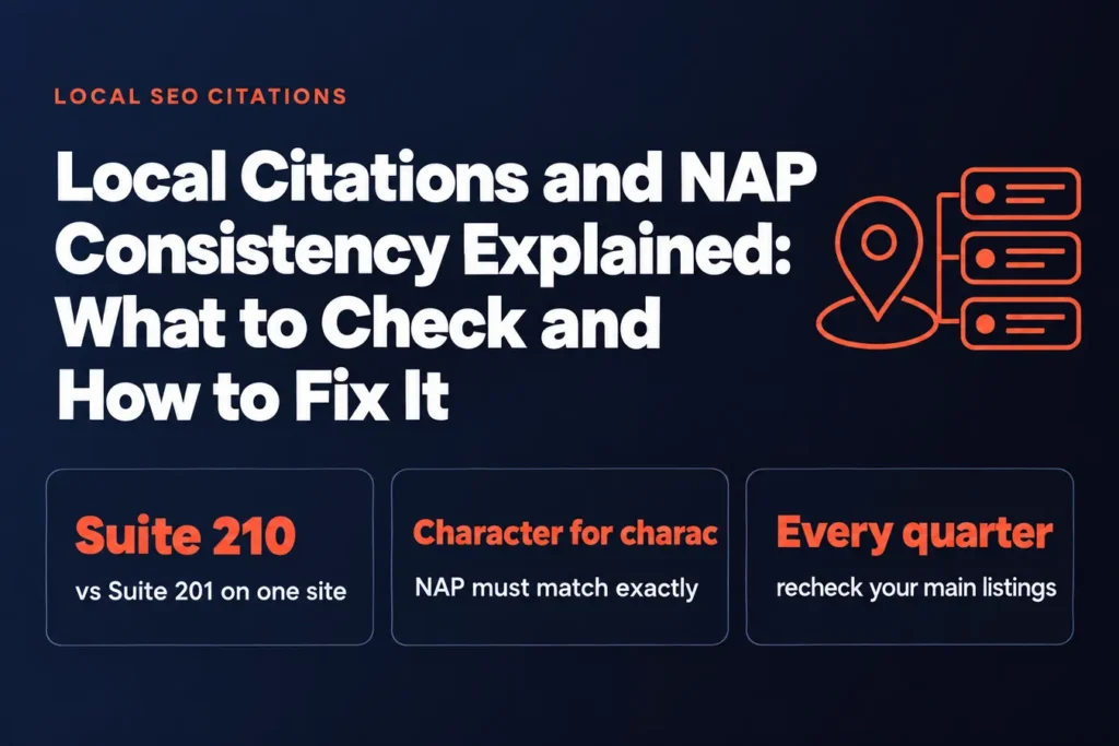 Local Citations and NAP Consistency Explained: What to Check and How to Fix It: Suite 210 vs Suite 201 on one site, Character for charac NAP must match exactly, Every quarter recheck your main listings