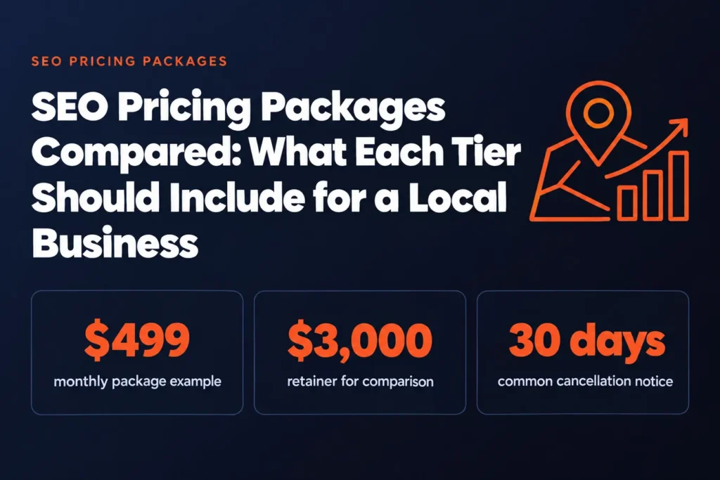 SEO Pricing Packages Compared: What Each Tier Should Include for a Local Business: $499 monthly package example, $3,000 retainer for comparison, 30 days common cancellation notice