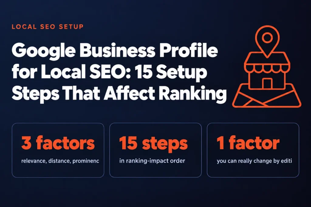 Google Business Profile for Local SEO: 15 Setup Steps That Affect Ranking: 3 factors relevance, distance, prominenc, 15 steps in ranking-impact order, 1 factor you can really change by editi