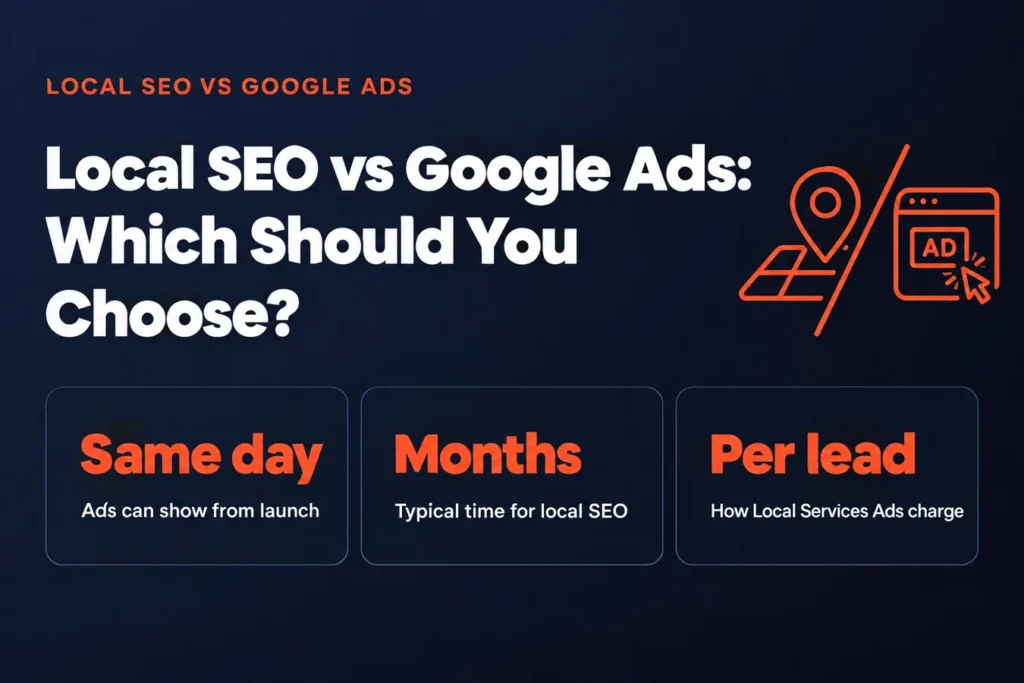 Local SEO vs Google Ads: Which Should You Choose?: Same day Ads can show from launch, Months Typical time for local SEO, Per lead How Local Services Ads charge