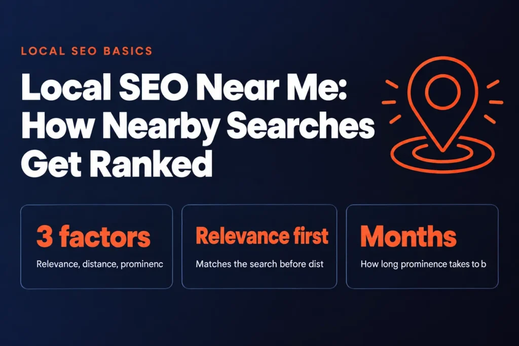 Local SEO Near Me: How Nearby Searches Get Ranked: 3 factors Relevance, distance, prominenc, Relevance first Matches the search before dist, Months How long prominence takes to b