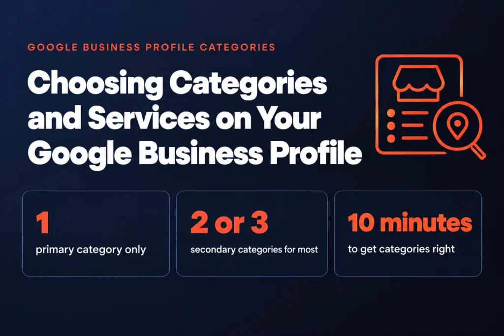Choosing Categories and Services on Your Google Business Profile: 1 primary category only, 2 or 3 secondary categories for most , 10 minutes to get categories right