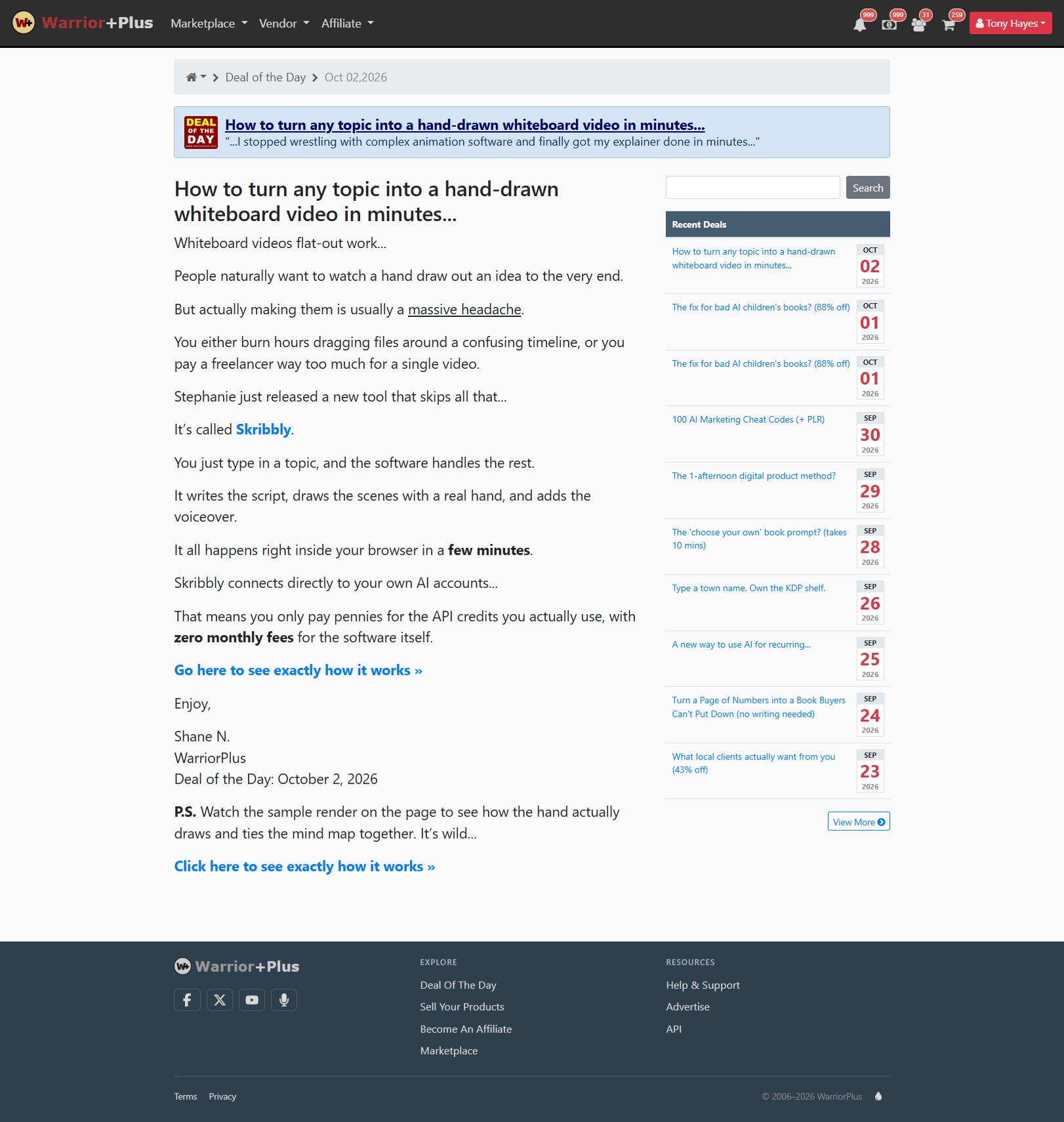 The WarriorPlus Deal of the Day page for 2 October 2026 featuring Skribbly