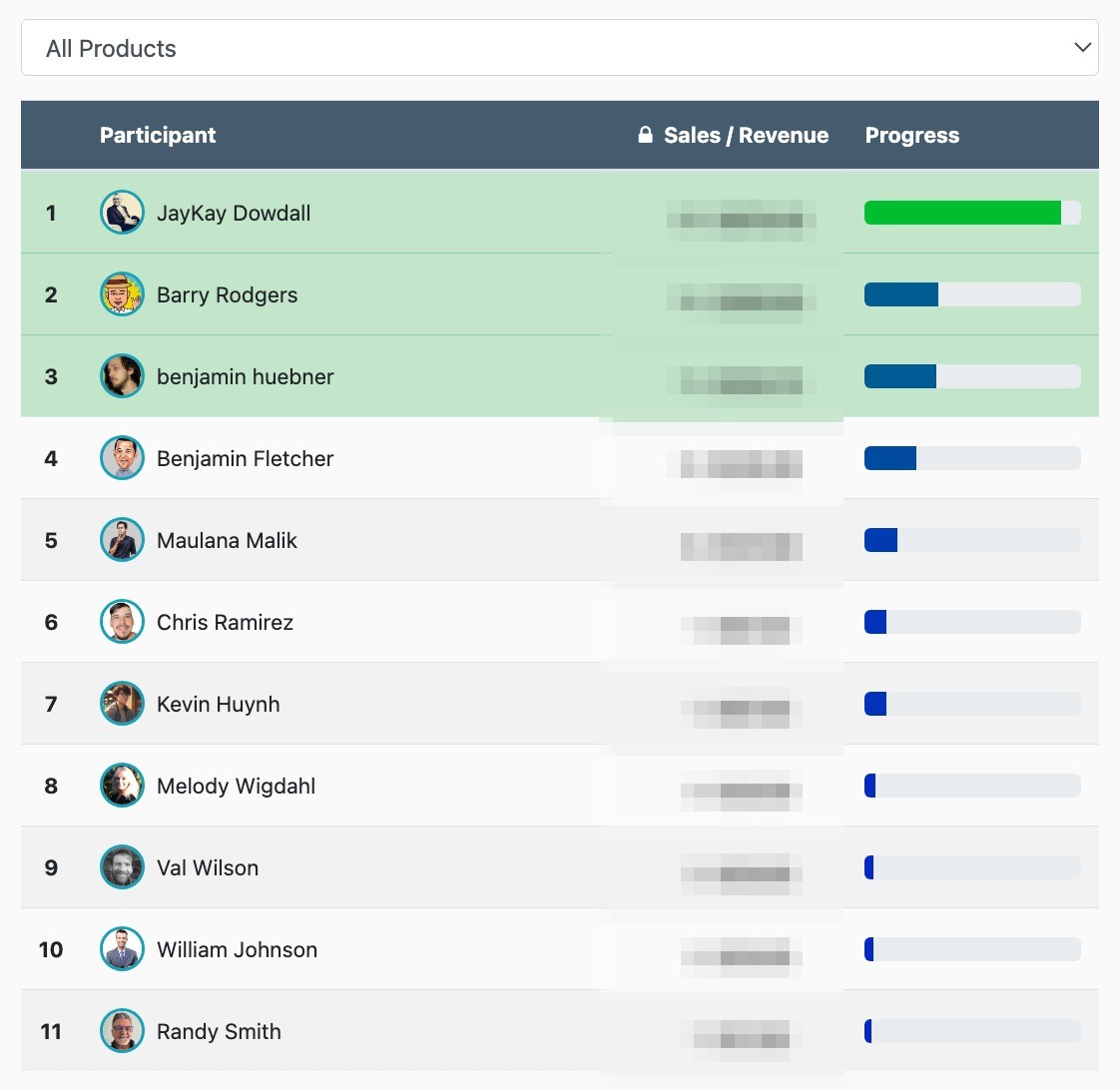 Skribbly affiliate contest leaderboard the morning before the Deal of the Day, 11 affiliates with sales, sales and revenue blurred